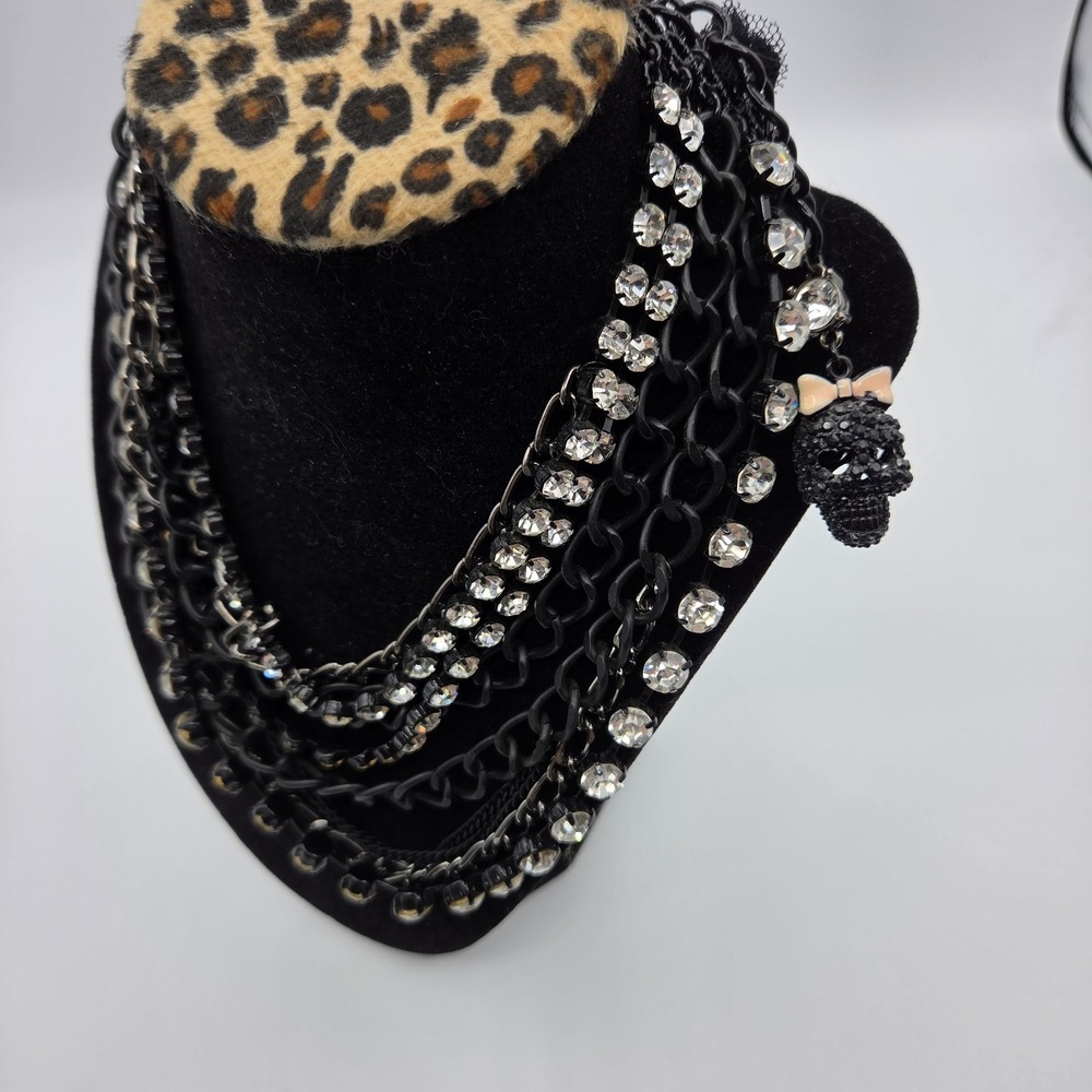 Betsey Johnson Black Multi Strand Skull Rhinestone Lace Gothcore Necklace - Picture 2 of 7